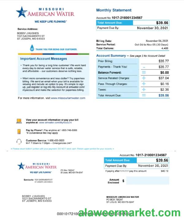 USA MISSOURI AMERICAN WATER utility bill Word and PDF template